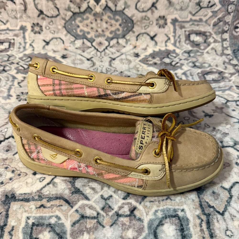Sperry Top Sider 7M Tan Pink Plaid‎ Sequin Good Loafers 9101940